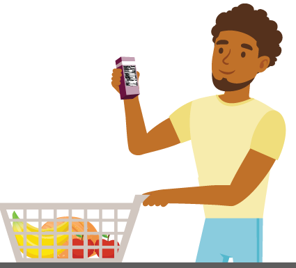 man pushing a shopping cart and reading the Nutrition Facts label on a product