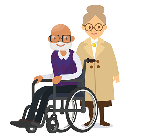 illustration of older man in wheelchair and older woman standing behind im