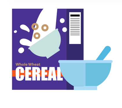 illustration of a whole-grain cereal box and bowl with spoon