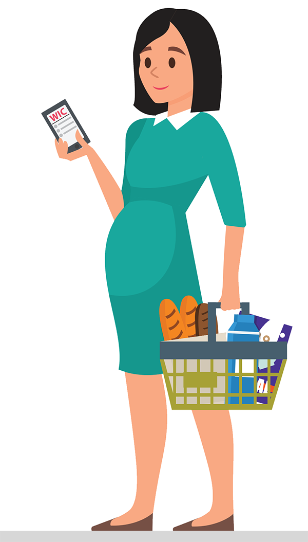 illustration of a woman with a shopping basket looking at a WIC list on a smartphone