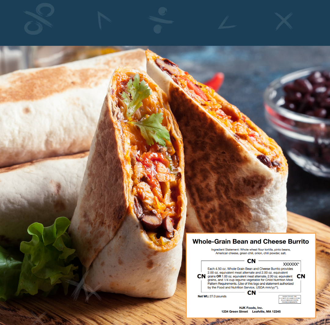 Whole-Grain Bean and Cheese Burrito and sample CN label