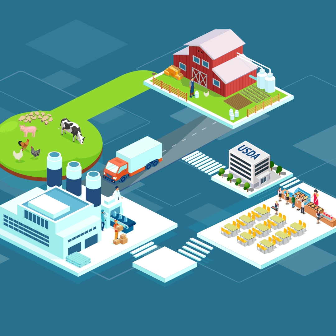 illustration showing the connections from a farm to manufacturer to school cafeteria