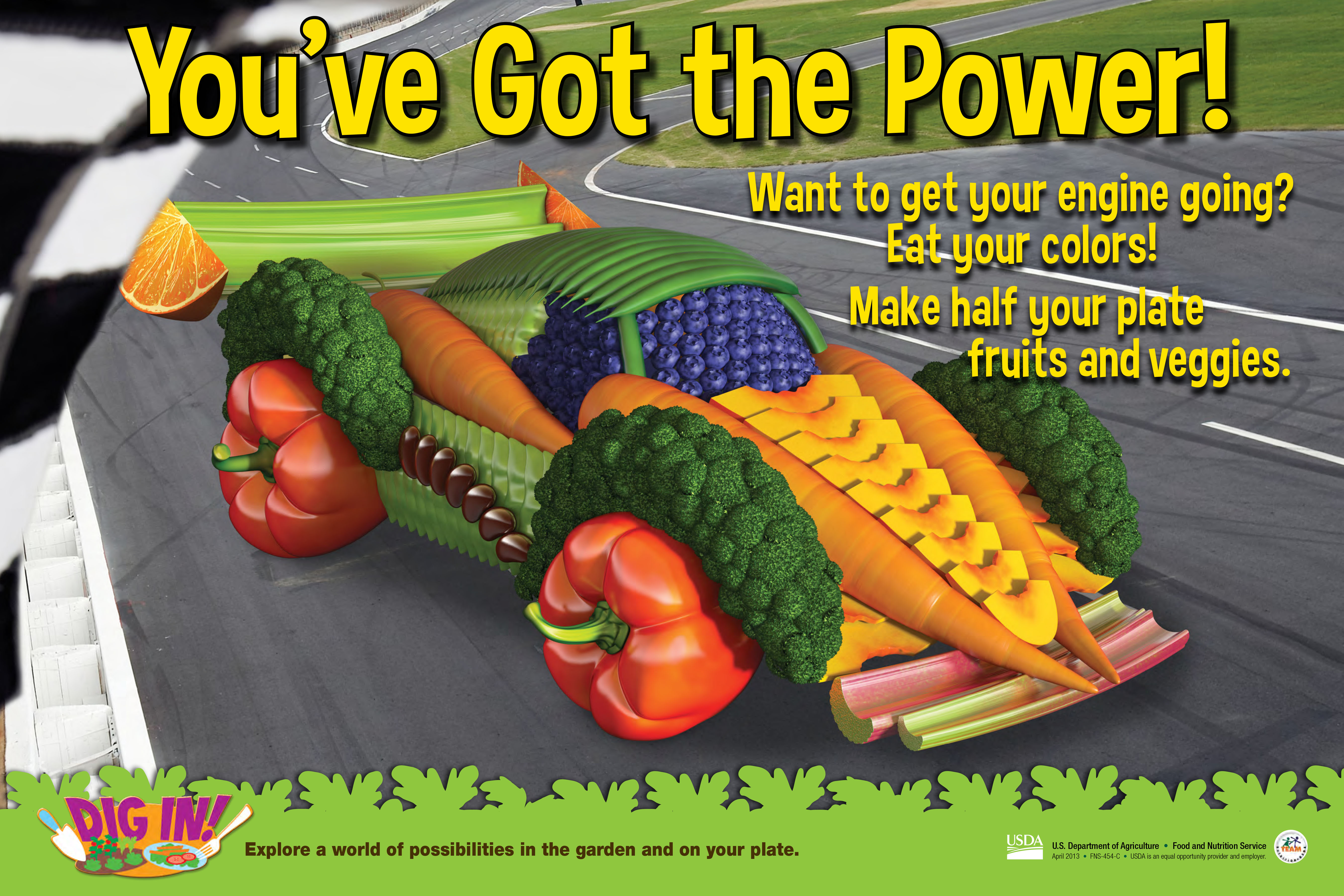 poster of a race car made out of vegetables 