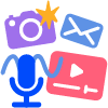 camera, video, microphone, and envelope