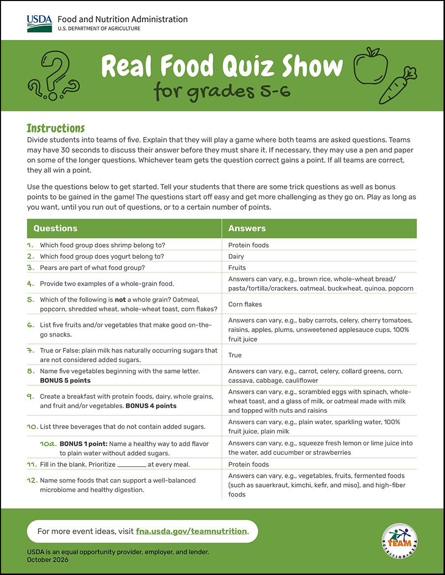 Real Food Quiz Show for grades 5-6