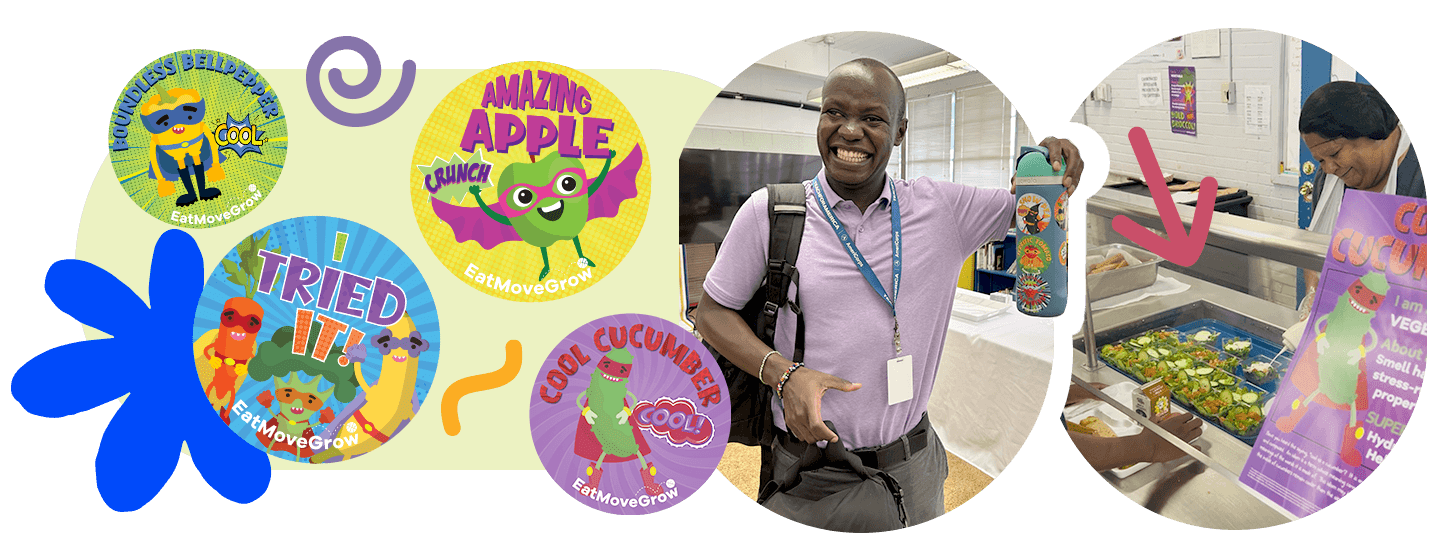 colorful superhero-themed fruit and vegetable stickers and posters
