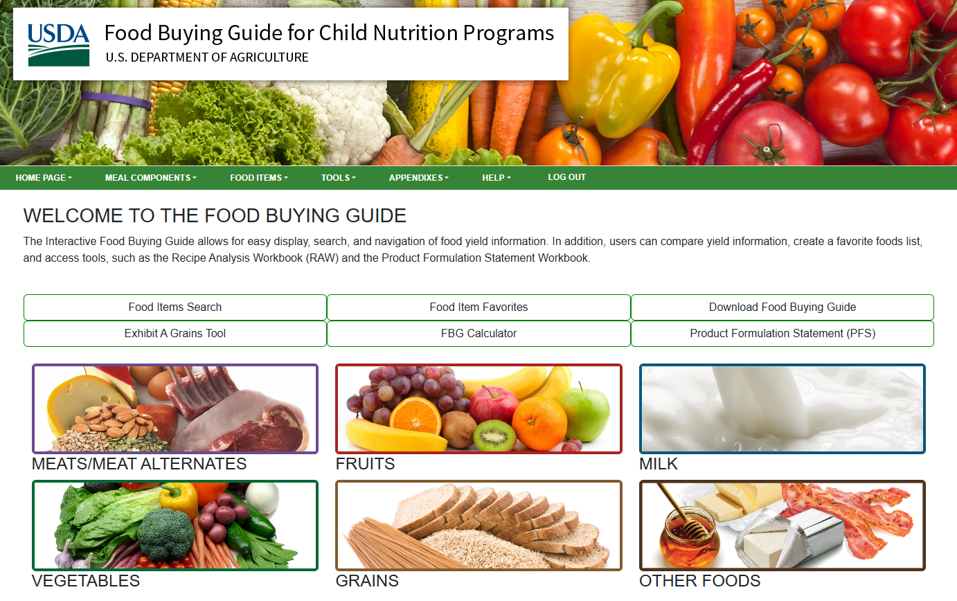 screenshot of the welcome screen in the Food Buying Guide for Child Nutrition Programs