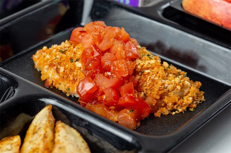 Creole Catfish Fresca on a school lunch tray