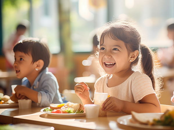 a happy girl eating school lunch