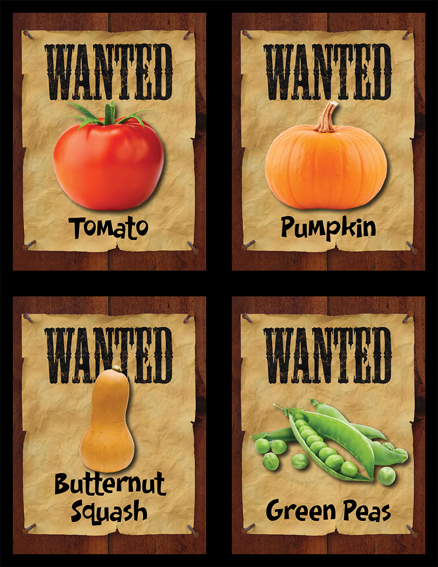 Wanted flashcard with tomato, pumpkin, butternut squash, and green peas