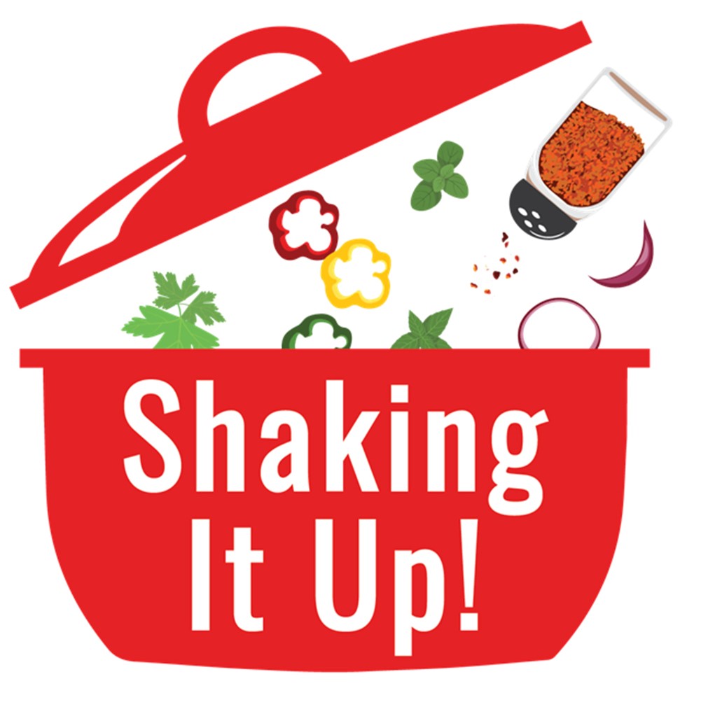 an illustrated red stock pot with vegetables going into it under the lid and the words "Shaking It Up!"