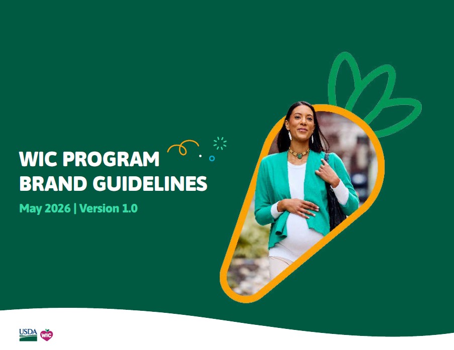 front page of the WIC program brand guidelines with a green background and image of a pregnant woman