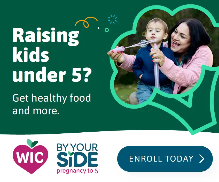 green background with image of a woman and child and the text Raising Kids Under 5? Get Healthy Food and More