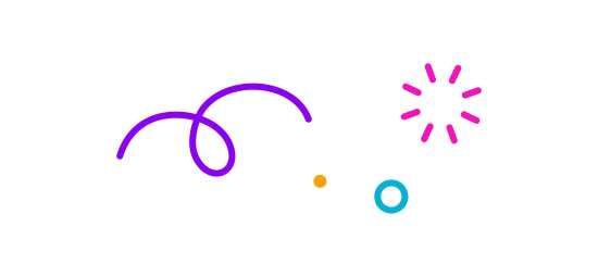 a squiggly line, a starburst, and a circle