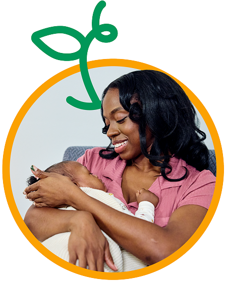 mother holding a baby embedded in a peach graphic