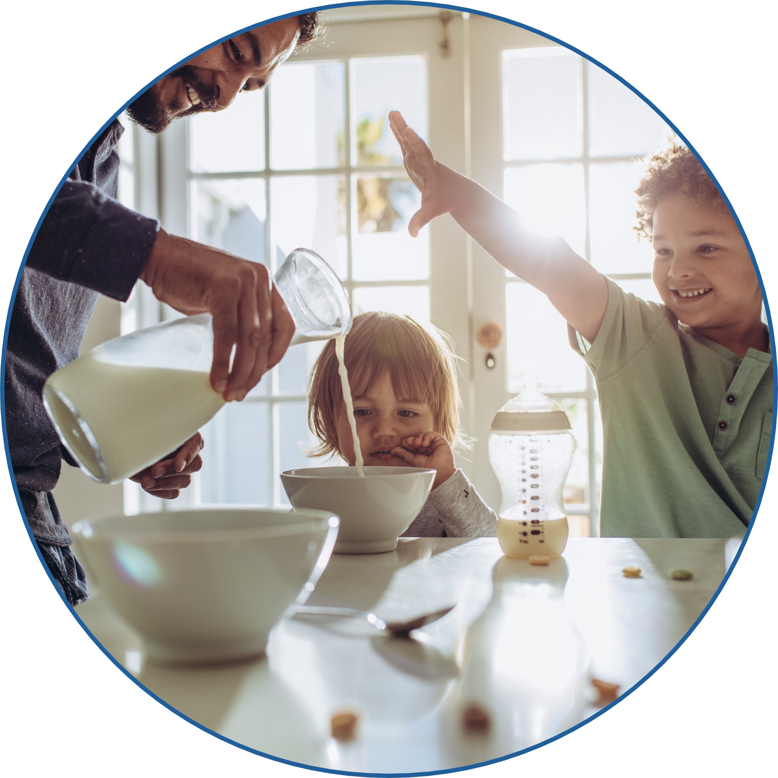 A family having a meal with milk.