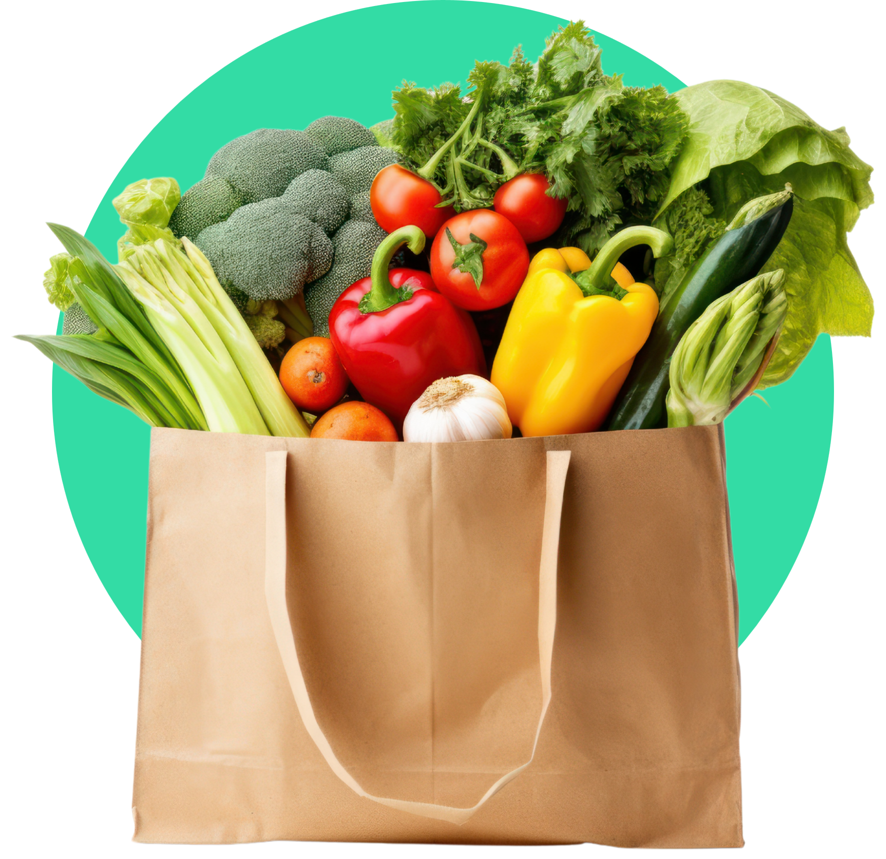 image of a brown paper bag full of vegetables on top of a light green circle icon