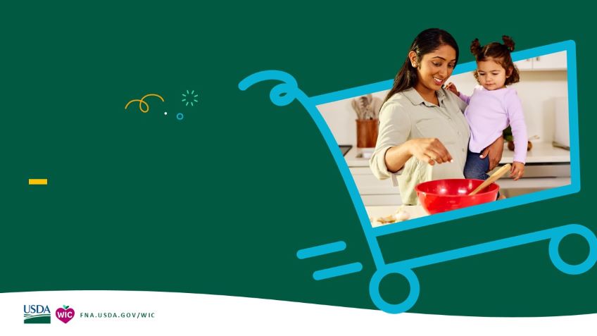 front slide of deck with green background and woman holding a child in a shopping cart outline