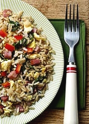 Stir-Fried Green Rice, Eggs, and Ham (Turkey Ham)