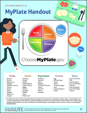 Girl student with lunch tray and MyPlate logo