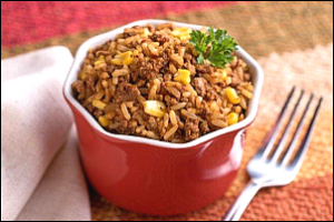 A bowl with ground turkey and beef and Spanish rice