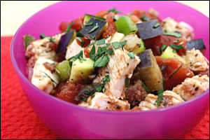 Bowl of diced chicken with vegetables