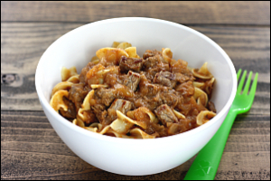 White bowl of beef goulash