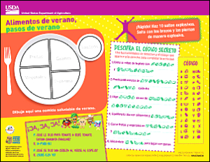 colorful placemat with Myplate icon, jokes, and games