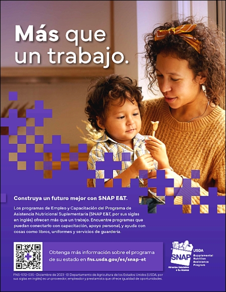 SNAP E&T Más que un cartel de trabajo con una madre sosteniendo a un hijo