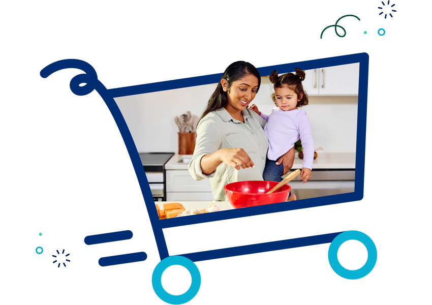 Mother and child preparing a meal together framed inside of grocery shopping cart graphic outline.