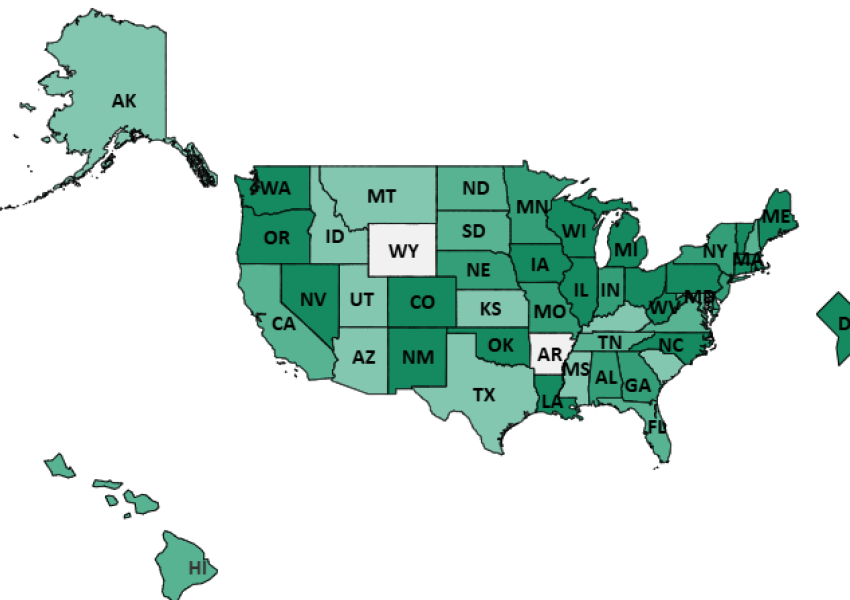 map of the US showing different shades of green indicating SNAP participation rates