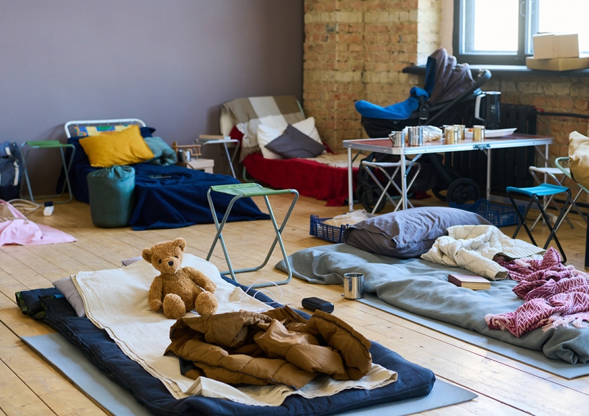 image of emergency shelter beds and cots set up