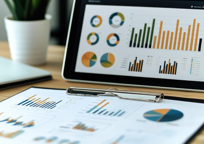 image of an ipad with charts and graphs and corresponding paper print outs on the desk in front of it
