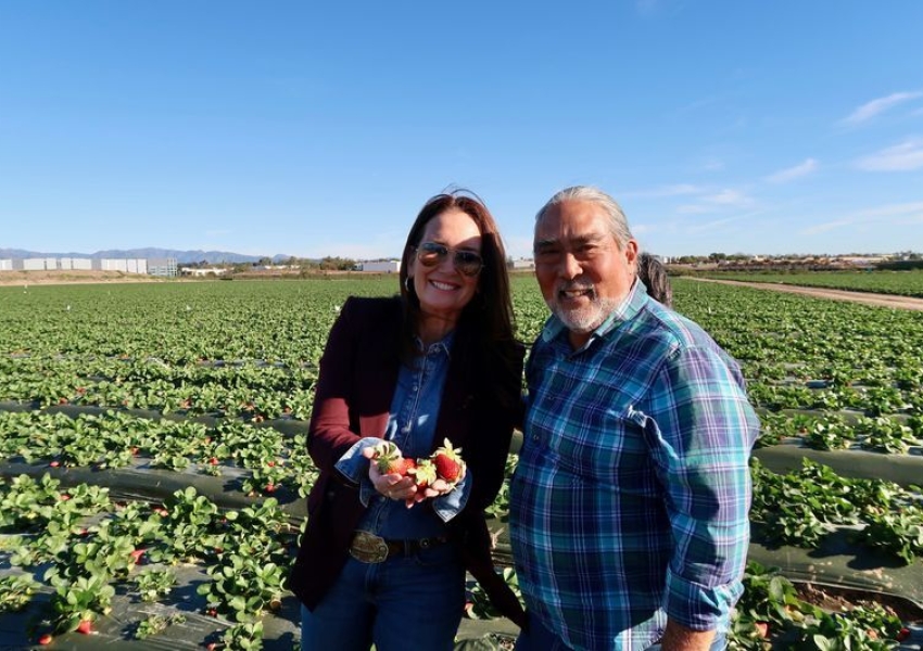 Secretary Rollins and former California Ag Secretary A.G. Kawamura at his strawberry farm in Irvine, CA.