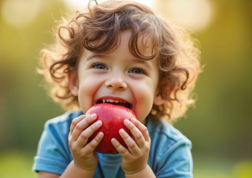 little boy with curly hair wearing a blue shirt biting into an apple