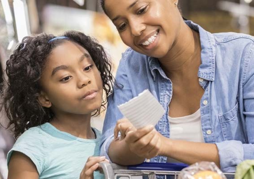 mom and daughter reading a grocery shopping list