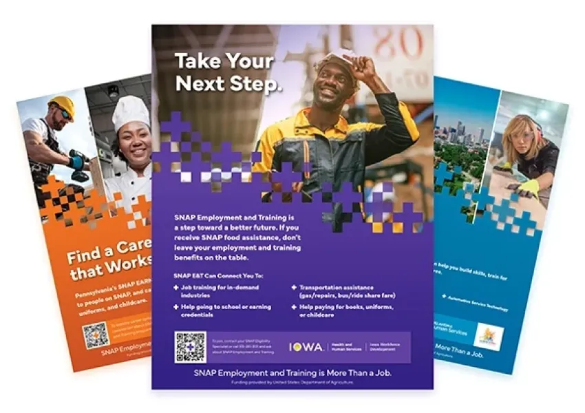 3 SNAP E&T posters laid out in a fan