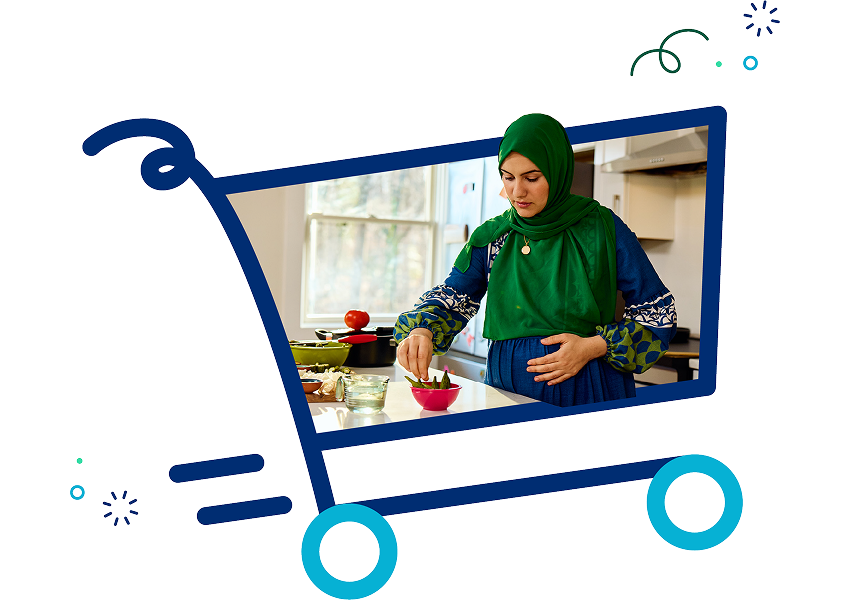 illustrated shopping cart with pregnant woman preparing a meal embedded in the cart portion