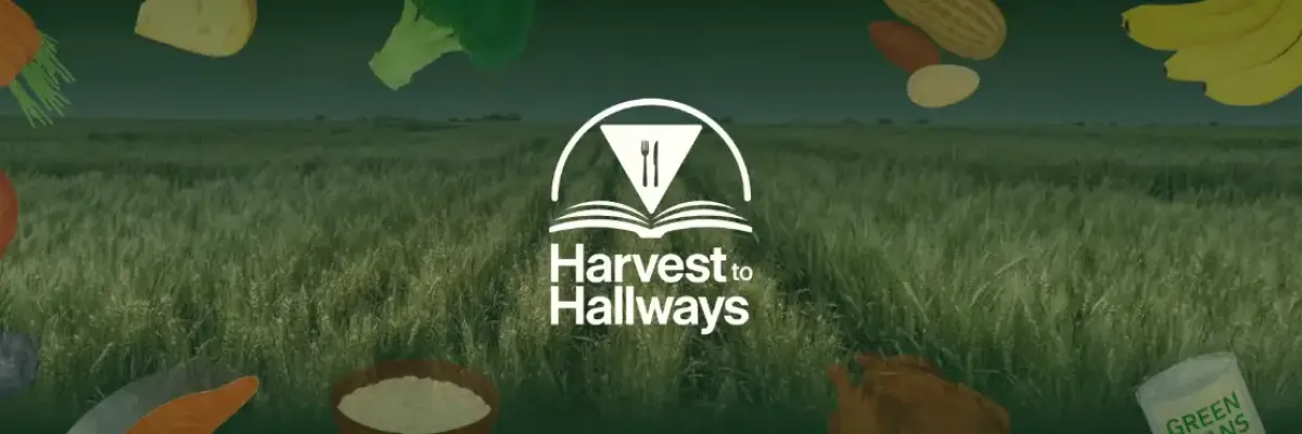 harvest to hallways with animated foods over a green field background