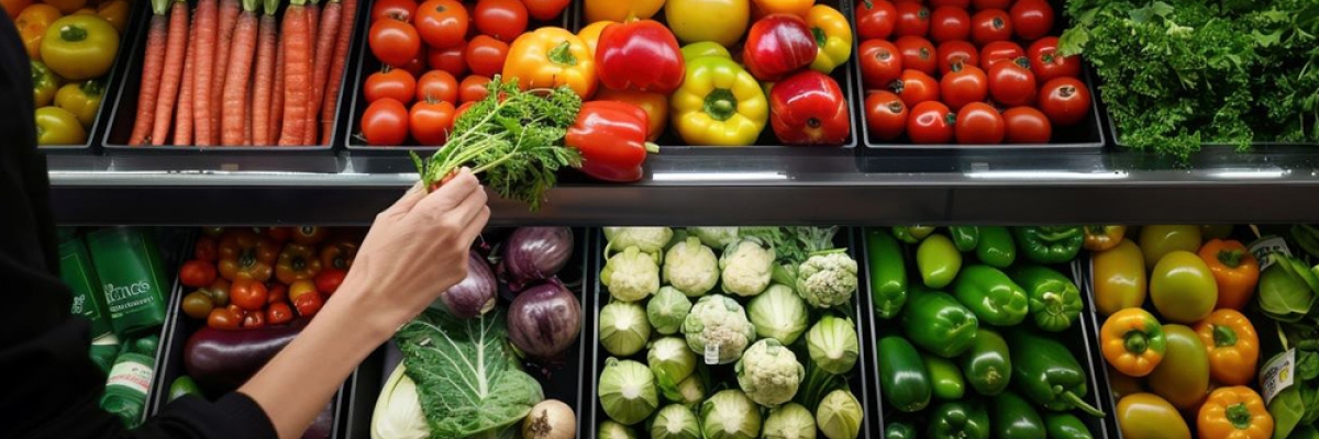 an image of a hand choosing carrots from a produce aisle in a grocery store