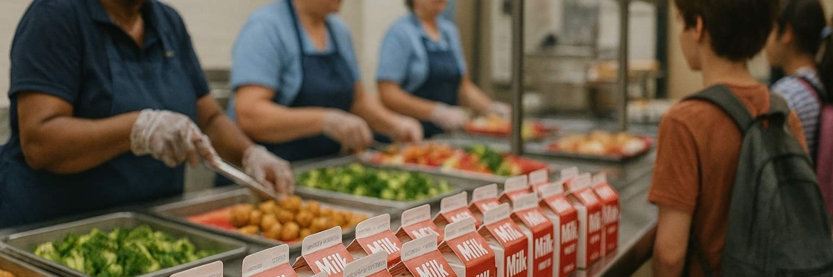 kids going through a lunch line being served by school nutrition staff with whole milk cartons prominent on the line