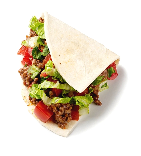 soft tortilla taco with ground beef, lettuce, and tomato