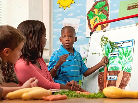 young boy in front of a classroom showing how carrots grow