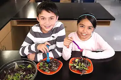 two kids eating plates of salad