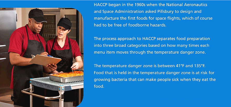 HACCP began in the 1960s when the National Aeronautics  and Space Administration asked Pillsbury to design and  manufacture the first foods for space flights, which of course  had to be free of foodborne hazards.