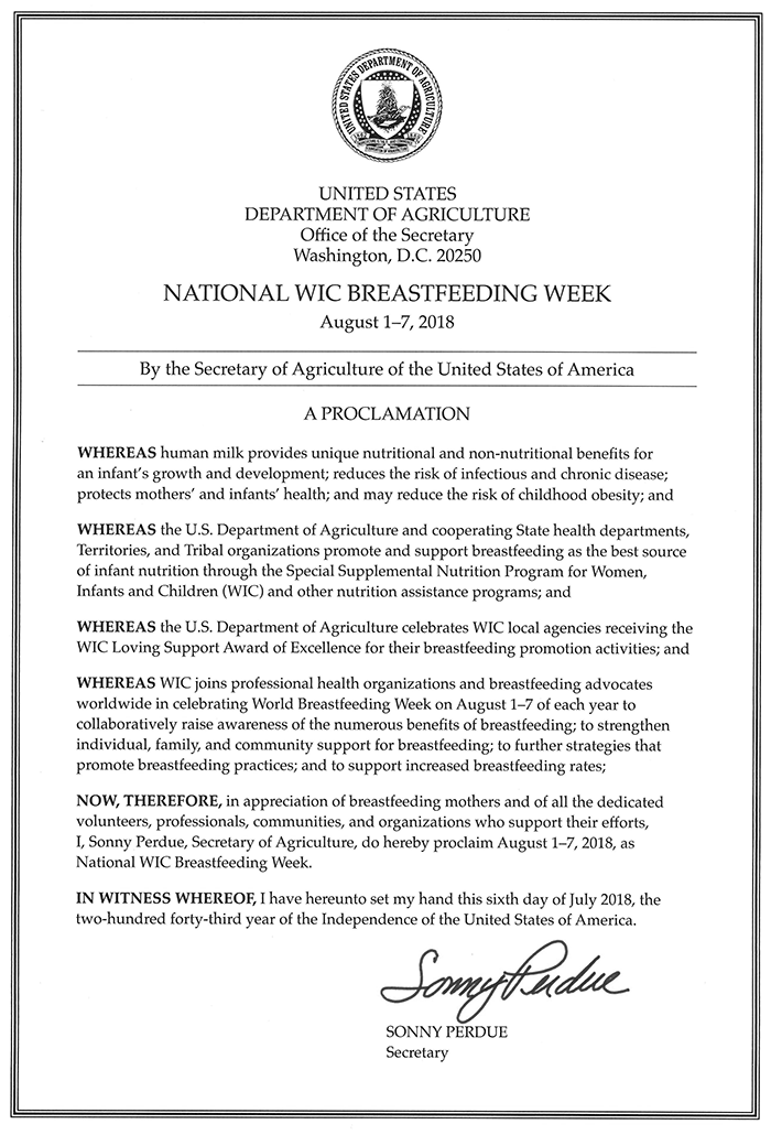 National WIC Breastfeeding Week 2018 Proclamation